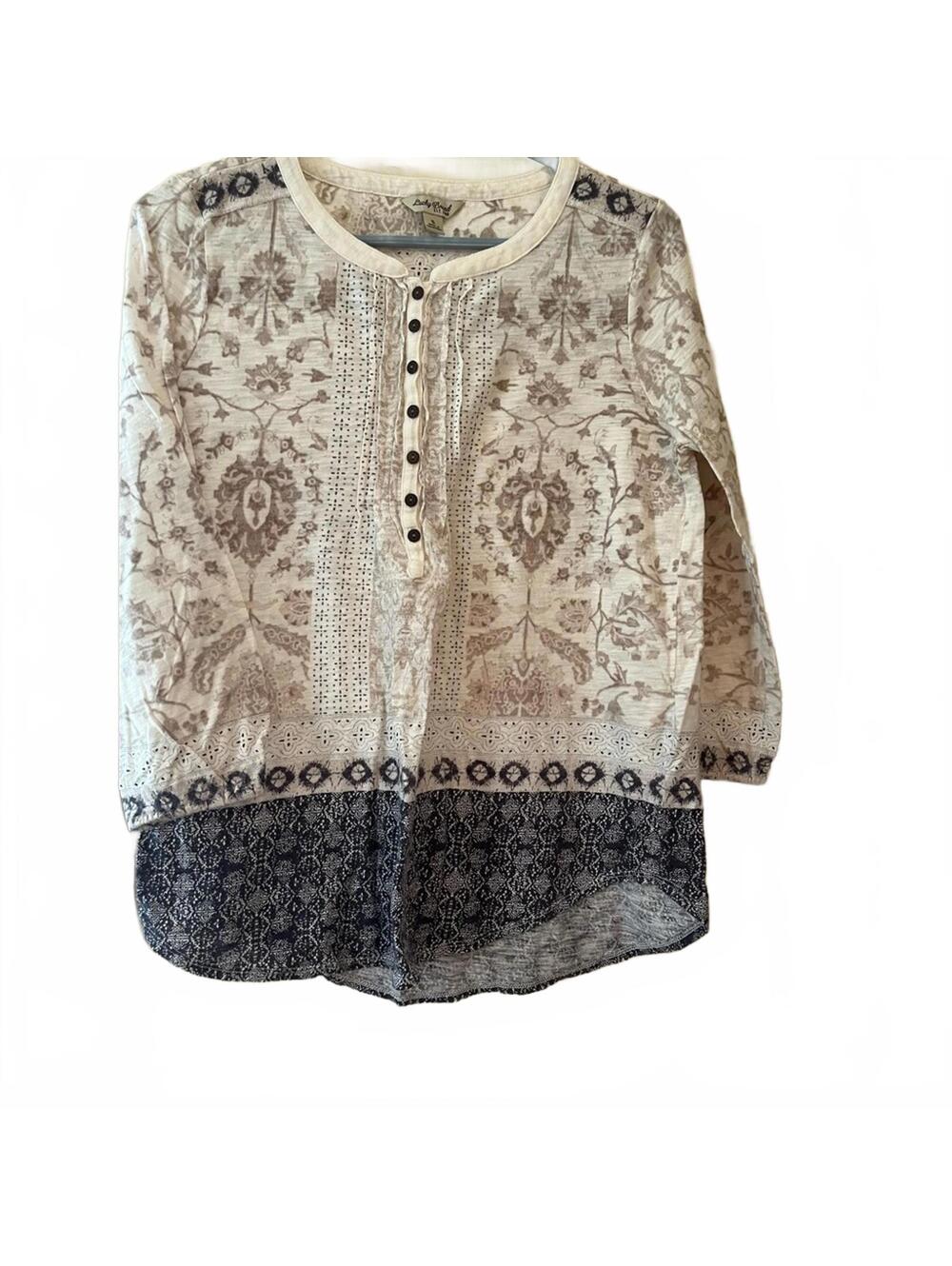 Lucky Brand Cream Brown Tunic Top Women’s Boho Flowy Blouse Festival Style